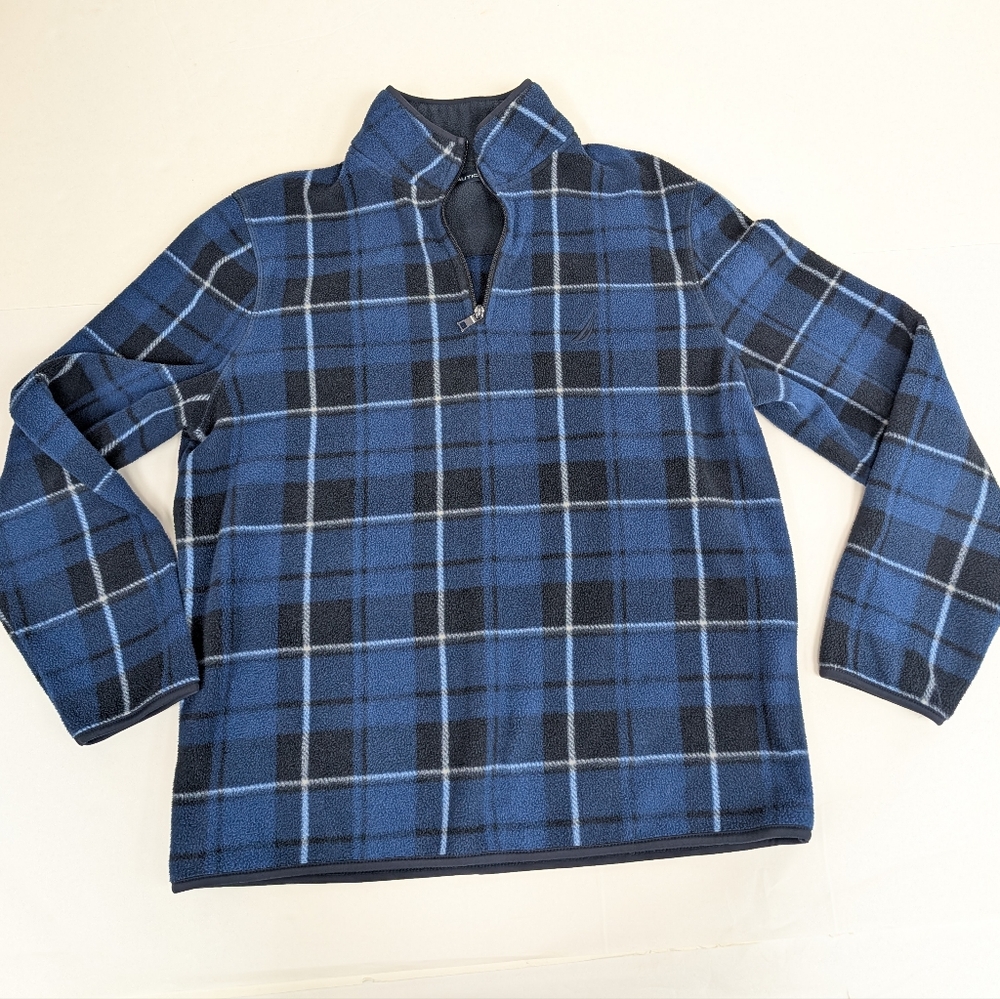 Nautica Blue Flannel Half Zip Pull Over Sweatshirt Large [162]